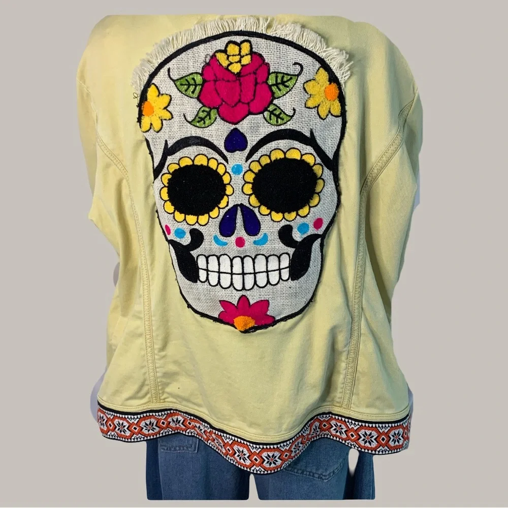 Colorful Upcycled Yellow Jacket with Large Skull Embellishments - Picture 4 of 7